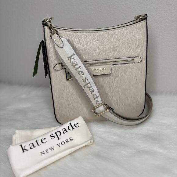 Kate Spade Hudson Messenger Crossbody Bag Beige Pebbled Leather Purse KF858 NWT - Picture 1 of 13